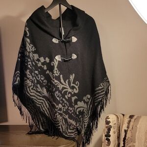 Cato Black and Gray Poncho with Fringe